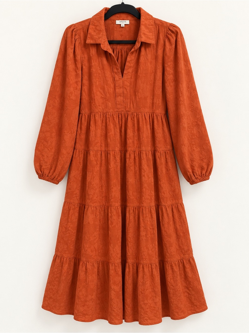 Umgee Burnt Orange Jacquard Tiered Maxi Dress